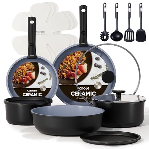 CAROTE 19PCS Ceramic Cookware Sets, Black and Gray, Pots and Pans Set Non Stick Non Toxic, Induction Cookware, Kitchen Cookware Sets, Pots Set for Healthy Cooking