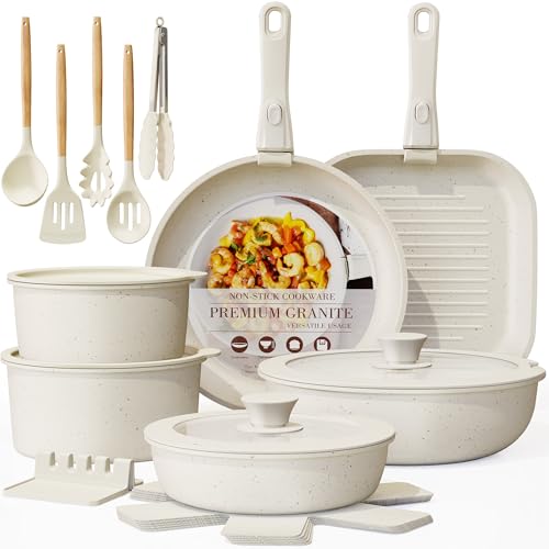 Astercook Conjunto De 23 Panelas E Frigideiras Antiaderentes, Cerâmica Com Alça Removível, Cozinha Para Trailer Alças Removíveis, Próprio Forno, Pronto Indução, Antiaderente Empilhável, Creme Branco