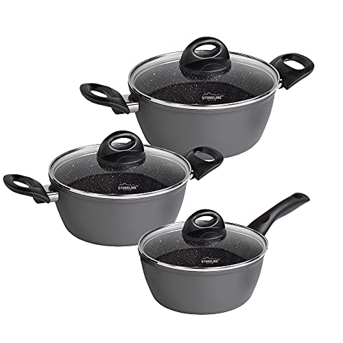 STONELINE Set di Pentole in CERAMICA 6 Pezzi 18/20/24 cm, con Coperchi, Rivestimento Antiaderente con Vere Particelle di Pietra Senza PFAS, a Induzione, Tutti i Piani Cottura