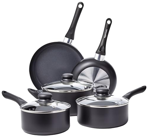Amazon Basics Batteria da cucina, 8 pezzi con rivestimento antiaderente, Nero