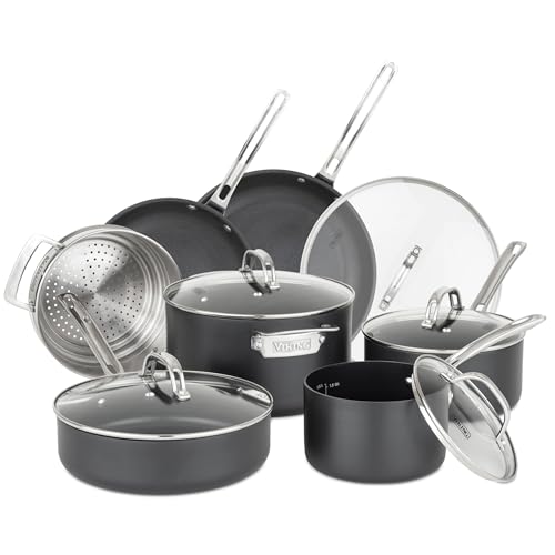 Viking Cookware Set, 12 Piece Hard Anodized Ceramic Nonstick Kitchen Cookware with Glass Lids, Made without PFAS, Oven Safe, Induction Ready