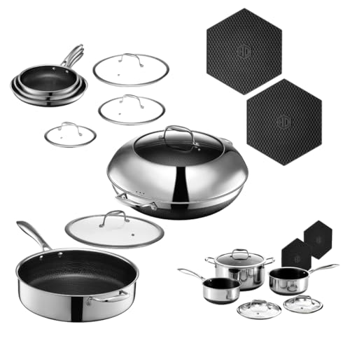 HexClad Hybrid Nonstick 20-Piece Cookware Set, 6-Piece Pan Set, 6-Piece Pot Set with 2 Trivets, 14" Wok with Lid, 5.5Qt Sauté Pan with Lid, and 2-Piece Silicone Trivet Set