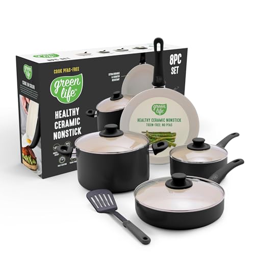 GreenLife Set di 8 pentole con impugnatura morbida, pentole antiaderenti in ceramica sana, padelle e padelle, senza PFAS e PFOA, lavabili in lavastoviglie, riscaldamento uniforme, versatili elementi