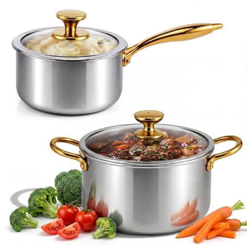 LemonRoad 2 Pieces Titanium Cookware Set, 7.68'' and 9.45'' Pots and Pans with Lids Triply Titanium No Coat Technology Safe for Oven, Induction and Cook Tops, Dishwasher Safe (Saucepans)