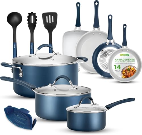 NutriChef Set di 14 Pentole e Padelle Antiaderenti, Set di Utensili da Cucina di Base di Alta Qualità, Padella Antiaderente, Alluminio, Blu