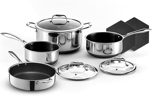 HexClad Hybrid Nonstick 10-Piece Cookware Set, 5.5Qt Sauté Pan with Lid, 2, 3, and 8Qt Pots with Lids, and 2 Silicone Trivets, Stay-Cool Handles, Dishwasher and Oven-Safe, Induction Ready
