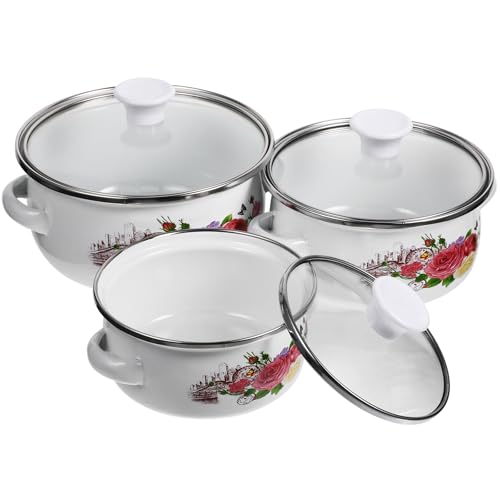 SOLUSTRE Set 3 Pentole Smaltate per Stufato Doppio Manico, Fondo Piatto per Piano Cottura, Pentole Mini Impilabili per Zuppe e Porridge, Uso Quotidiano in Cucina Vintage Stili Multipli