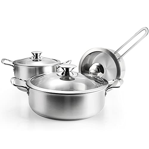 ASKSCICI 6-Piece Stainless Steel Cookware Set, Induction Pots and Pans Set with Glass Lids, Non-Toxic Kitchen Set for Gas/Electric/Induction, Oven & Dishwasher Safe
