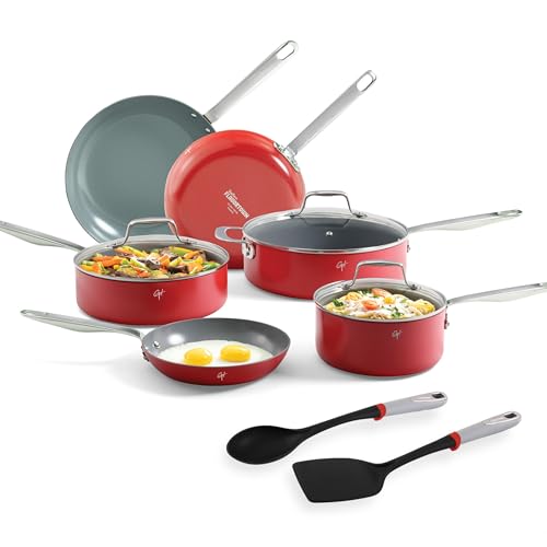 Guy Fieri's Flavortown 11-Piece Ceramic Cookware Set, Nonstick Pots and Pans for Cooking, Made without PFAS PTFE PFOA, Oven Safe, Dishwasher Safe, Easy to Clean Everyday Cookware, Red