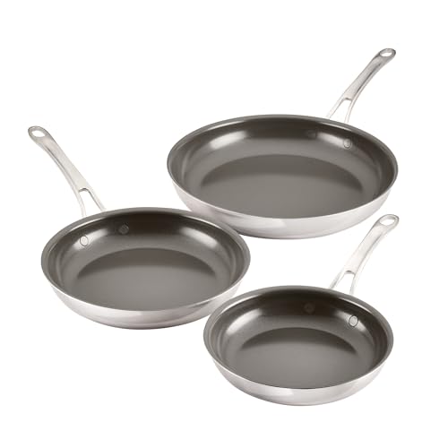 Anolon EverLast Ceramic Nonstick Frying Pans/Skillets Clad Induction, 3 Piece Set, 8.5 Inch, 10 Inch and 12.25 Inch Open Fry Pans - Stainless Steel