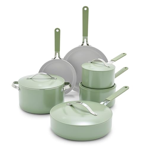 GreenLife Set di 10 pentole antiaderenti in ceramica, lavabili in lavastoviglie e in forno, manici in silicone, pentole e padelle rivestite in ceramica senza PFAS con coperchi, set da cucina salutare,