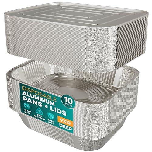 Aluminum Pans With Lids 9x13 [10 Sets] Aluminum Foil Pans Trays With Lids - Half Size Tin Foil Disposable Pans For Baking, Roasting, Cake Serving Dishes, Catering Supplies, Steam Table Chafing