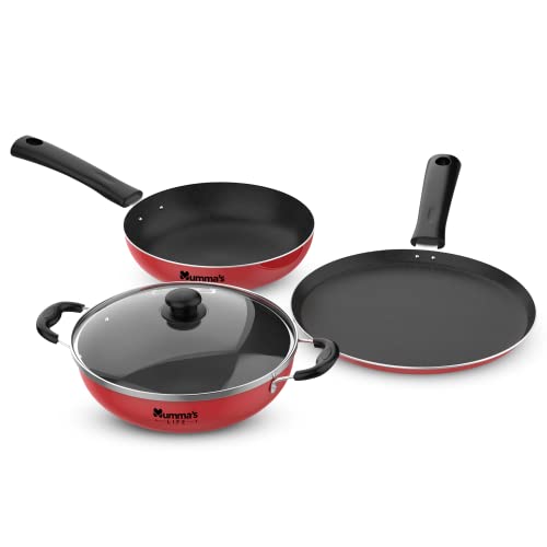Mumma's LIFE- 3-Piece Aluminium Non-Stick Cookware Set - Fry Pan, Kadhai & Tawa (Induction and Gas Compatible) (Red)