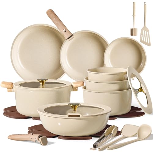 CAROTE 25PCS Ceramic Cookware Set, Pots and Pans set Non Stick, RV Kitchen Cooking Set Removable Handles, Oven Safe, Induction Cookware, Non-toxic Kitchen Cooking Set, PFAS and PFOA Free