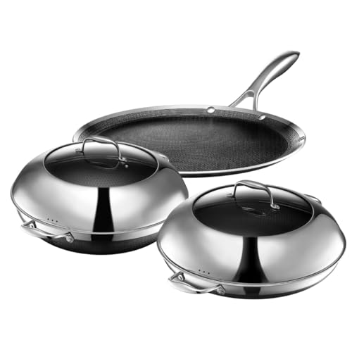 HexClad Hybrid Nonstick 5-Piece Cookware Set, 14" Pan with Lid, 14" Wok with Lid, and 12" Griddle, Stay-Cool Handles, Dishwasher and Oven-Safe, Induction Ready, Compatible with All Cooktops