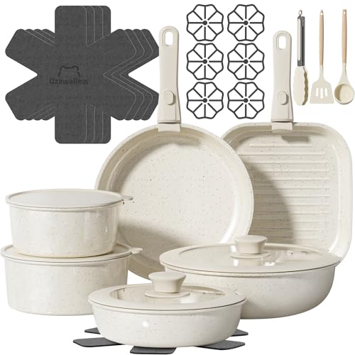 OzawaBear 26 Pcs Pots and Pans Set Non Stick, Ceramic Cookware Set Non Toxic with Detachable Handles, Healthy Induction Cookware Oven Safe RV Kitchen Set, PFAS PFOA & PTFE Free, Cream White