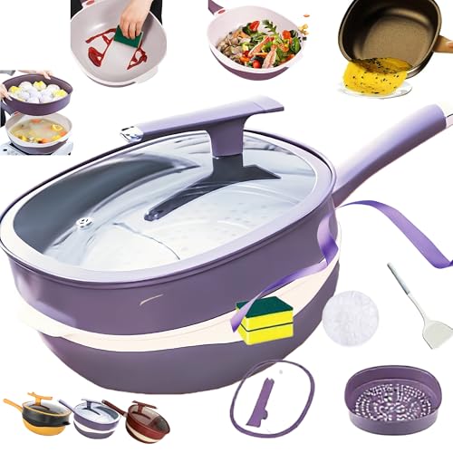 wgzixezn 12in Titanium Alloy Non-Stick Pot with Lid with Steamer 2026 Upgrade Titanium Pot Titanium Frying Pans Nonstick Titanium Pots and Pans, Nonstick Frying Pan Cookware Sets