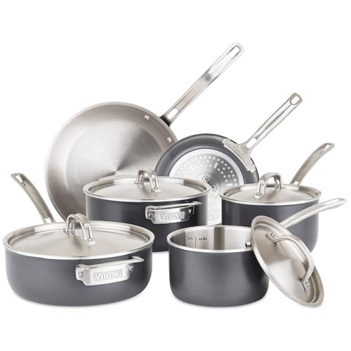 Viking 5-Ply Pots and Pans Set, 10 Piece Hard Anodized Cookware, Stainless Steel Lids, Silver