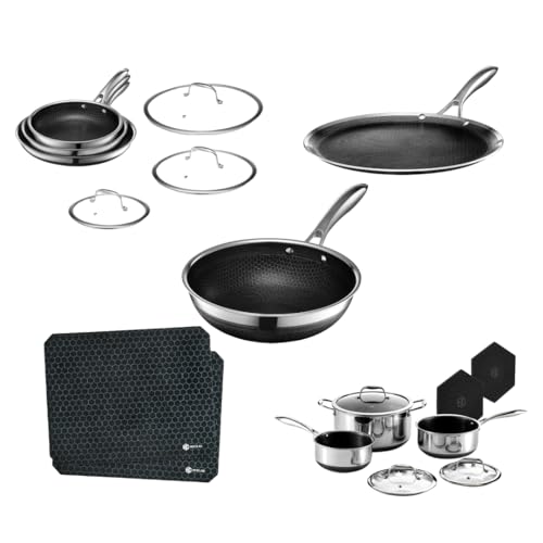 HexClad Hybrid Nonstick 18-Piece Cookware Set, 6-Piece Pan Set, 6-Piece Pot Set with 2 Trivets, 12