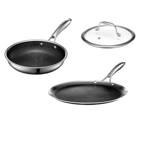 HexClad Hybrid Nonstick 3-Piece Cookware Set, 8" Pan, 8" Lid, and 12" Griddle, Stay-Cool Handles, Dishwasher and Oven-Safe, Induction Ready, Compatible with All Cooktops