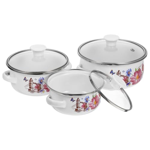 Housoutil Pentole Smaltate per Cucinare Set 3 Pezzi, Pentola Smaltata Manico, Pentola Piccola Antiaderente per Latte e Noodles, Doppie Maniglie Ergonomiche, Uso Cucina Stile Casuale