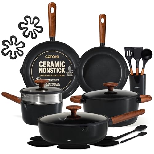 CAROTE 21pcs Cookware Set Nonstick Pots and Pans Set, Ceramic Cookware Set Induction Cookware, Non toxic Healthy Non Stick Kitchen Cooking Set, PFAS PTFE Free, Black