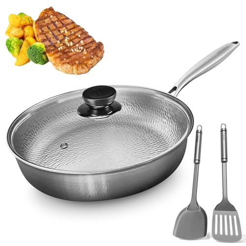 WUBIGOM Titanium Pan, 100% Pure Titanium Pans, Fast Even Heat, Titaniums Cookware, Dishwasher-Friendly, No-Coating Nonstick Skillet, Includes Spatula, Induction-Compatible (with Lid, 11.02in)