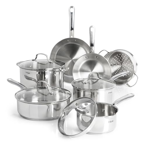 T-fal Stainless Steel Pots and Pans Set 11 Piece, Induction, Oven Broiler Safe 500F, Kitchen Cooking Set w/Fry Pans, Saucepans, Saute Pan, Dutch Oven, Steamer, Cookware, Dishwasher Safe, Silver