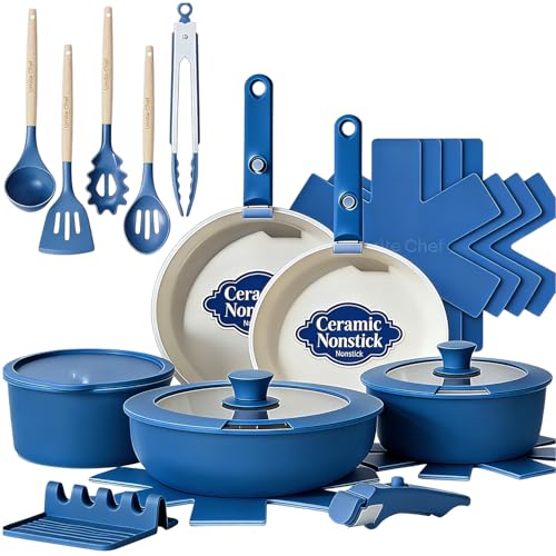 Umite Chef Pots and Pans Set Non Stick, 21 pcs Ceramic Cookware Set with Detachable Handles, Healthy Induction Cookware Oven Safe RV Kitchen Cooking Set with Utensils, PFAS PFOA & PTFE Free, Navy
