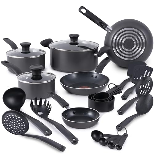T-fal Initiatives Nonstick Cookware Set 18 Piece, Oven Broiler Safe 350F, Kitchen Cooking Set w/Fry Pans, Saucepans, Stockpots, Skillet, Spoons, Lids Pots and Pans Set, Dishwasher Safe, Stone Grey