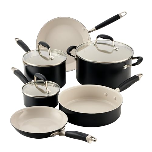 Anolon Advanced Ceramic Nonstick Pots and Pans, Induction Suitable, Dishwasher Safe, 9 Piece Cookware Set - Black with Cream Ceramic Interior
