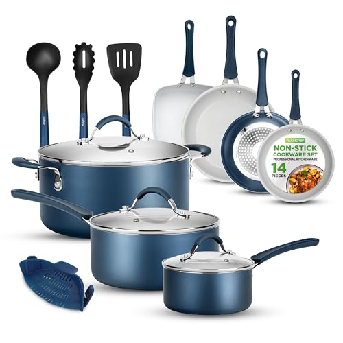 NutriChef 14-Piece Navy Blue Cookware...