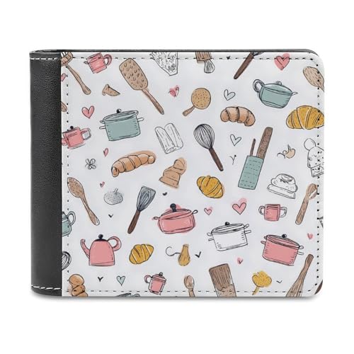 Kitchen Cookware Cooking Leather Bifold Wallets for Men Clutch Purses with Card Slots with 6 Credit ID Card Slot