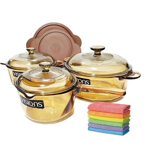 Visions VS-338 3-Piece Glass Cookware Set with Lids, Stovetop & Oven Safe, Non-Porous, Transparent — 1L/1.25L/2.25L — Includes 2 Random Color Kitchen towels