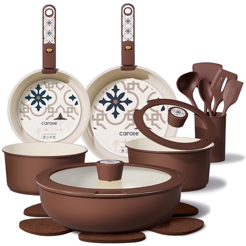 CAROTE 19Pcs Ceramic Cookware Set, Chocolate