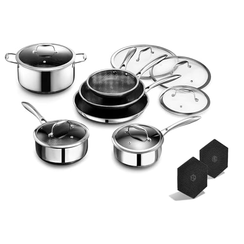 HexClad Hybrid Nonstick 14-Piece Cookware Set, 8", 10", and 12" Pans with Lids, 2, 3, and 8Qt Pots with Lids, and 2 Silicone Trivets, Stay-Cool Handles, Dishwasher and Oven-Safe, Induction Ready