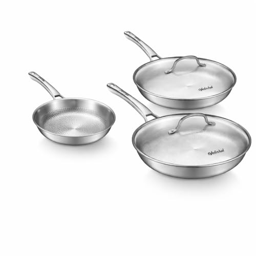 VEDNHOL Titanium Pans set with 2Lids,8+10+12Inch Pure Titanium Hammered Upgarde Pro Non-Toxic Skillet for Cooking, PFAS/PFOA/PTFE Free Cookware, Dishwasher&Oven Safe, Kitchen Induction Compatible