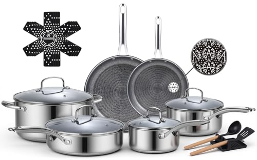 Ammeloo 17 Pcs Nonstick Stainless Steel Cookware Set, Hybrid Stainless Steel Pots and Pans Set Non Stick, Non Toxic Kitchen Cookware Sets, Dishwasher & Oven Safe, Induction & All Cooktop Compatible