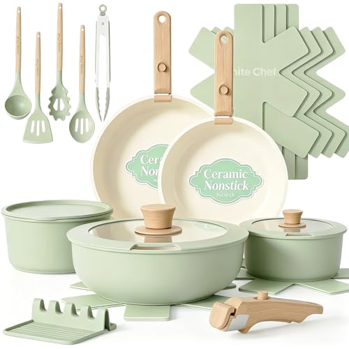 Umite Chef Non Stick Pots and Pans Set, 21 Pcs Ceramic Kitchen Cookware Set with Detachable Handle, Nonstick Healthy Induction Cookware, Dishwasher RV Cookware Set, Oven Safe, Stackable, Sage Green