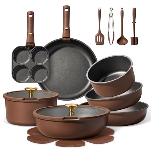 CAROTE 21pcs Pots and Pans Set, Nonstick Cookware Set Detachable Handle, Induction Kitchen Cookware Sets Non Stick with Removable Handle, RV Cookware Set, Oven Safe, Brown
