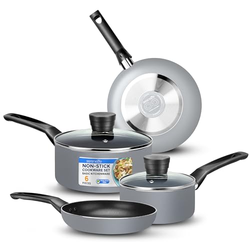 SereneLife Kitchenware Pots and Pans Set, Basic Kitchen Nonstick Cookware Set, Heat Resistant Lacquer (6-Piece Set), One Size, Gray
