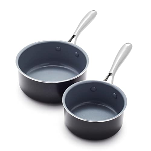 GreenPan Swift Healthy Conjunto de panelas antiaderentes de cerâmica de 1 litro e 2 litros, cabo de aço inoxidável, livre de PFAS, lavável na lava-louças, seguro para forno, preto