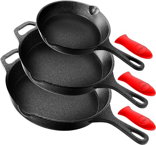 NutriChef Set di Padelle in Ghisa da 3 Pezzi, Padelle Antiaderenti con Beccuccio per il Gocciolamento, Manici in Silicone, per Tutti i Piani di Cottura