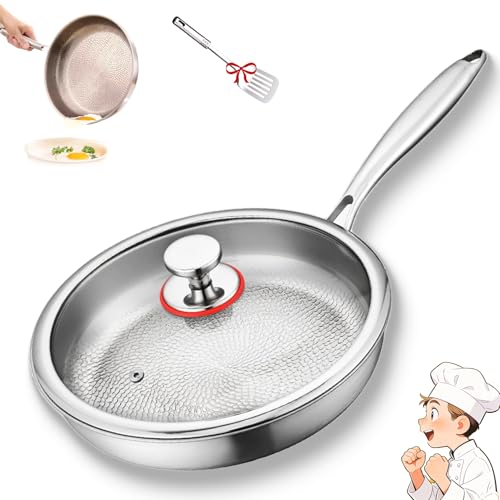 Titanium Frying Pan, Titanium Hammered Pan Pro with Lid, Titaniums Pots and Pans Non Stick, Titanium Cookware Heats Quickly, Cooks Evenly, Compatible With All Cooktops (8.66in / 22cm)