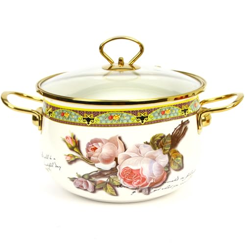 pentola in ceramica, Pentole Pentola smaltata con coperchio in vetro, pentola antiaderente manico, acciaio inossidabile floreale vintage(5.3 Quarts)