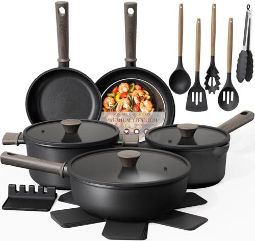 Astercook Non Stick Pots and Pans Set, Healthy Non-Toxic Titanium Induction Kitchen Cookware Sets for Cooking with Frying Pans, PFAS/PTFE/PFOA & PFOS Free, Black, 19 Pcs