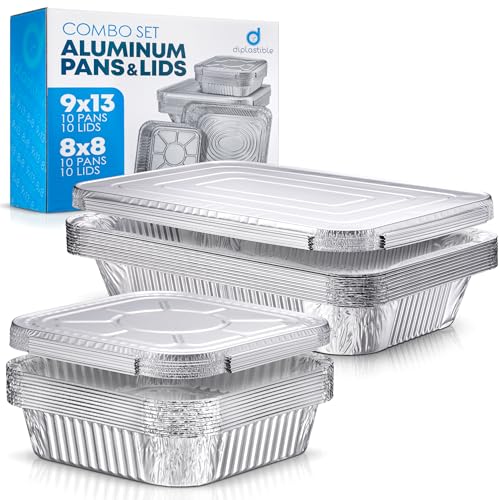 Diplastible Disposable Aluminum Pans With Lids, 9x13 (10pc) And 8x8 Square (10pc) Combo Set, Disposable Baking and Cake Pan (Pack of 20)