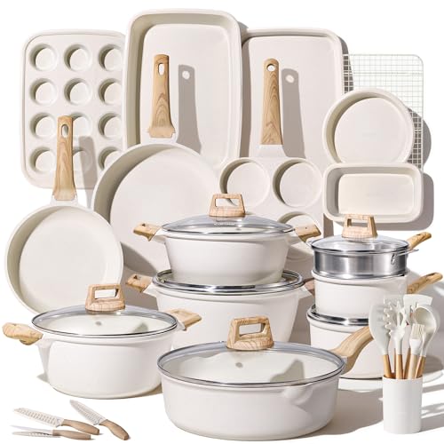 CAROTE 44pcs Pots and Pan Set Nonstick, Cookware Sets, Cooking Set Non Stick, Induction Cook Ware with Bakeware Set, Kitchen Knife Set