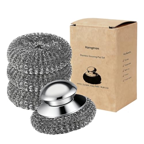 Steel Wool Scrubber, 4-Pack Stainless Steel Scrubber Pads with Handle ...