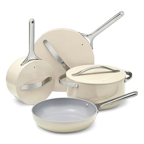 Caraway Non-stick Ceramic Cookware Set (12 Piece) Pots, Pans, Lids and Kitchen Storage - PFAS & PFOA Free - Oven Safe Pan Set & Compatible with All Stovetops - Cream